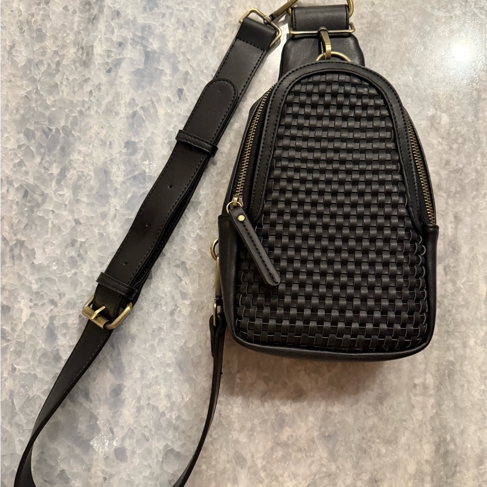 Anthropologie Woven Liberty Sling Bag Black Leather - Like New